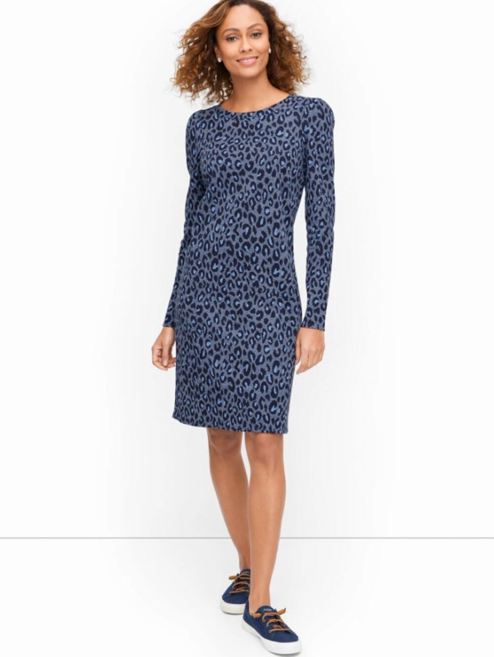 Talbots Blue Cheetah Print Long Sleeve Knee Length Dress Women's size Large